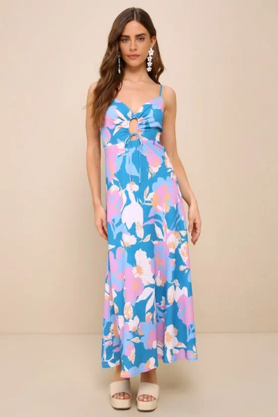 Lulus Celebrating Sun Teal Blue Tropical Floral Cutout Midi Dress