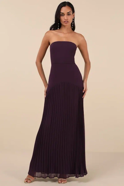 Lulus Celebratory Aesthetic Dark Purple Pleated Strapless Maxi Dress