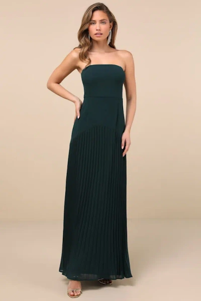 Lulus Celebratory Aesthetic Emerald Pleated Strapless Maxi Dress In Green