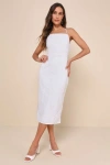 LULUS CELEBRATORY BEAUTY WHITE MESH EMBROIDERED LACE-UP MIDI DRESS