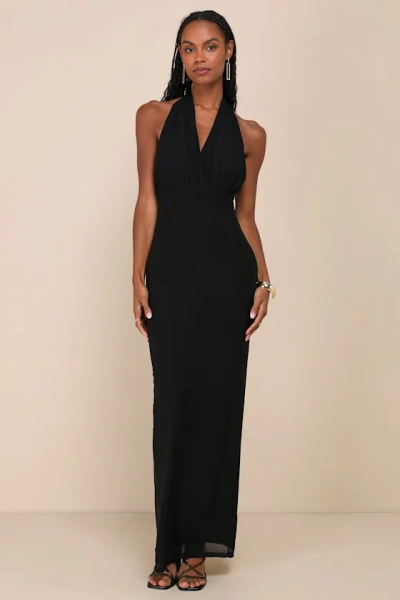 Lulus Celebratory Love Black Mesh Ruched Halter Maxi Dress