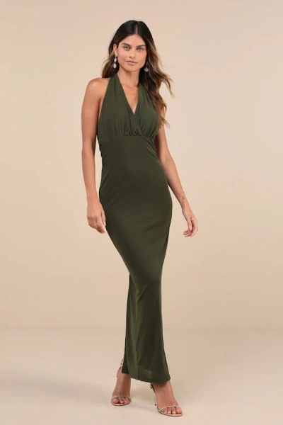 Lulus Celebratory Love Olive Green Mesh Ruched Halter Maxi Dress