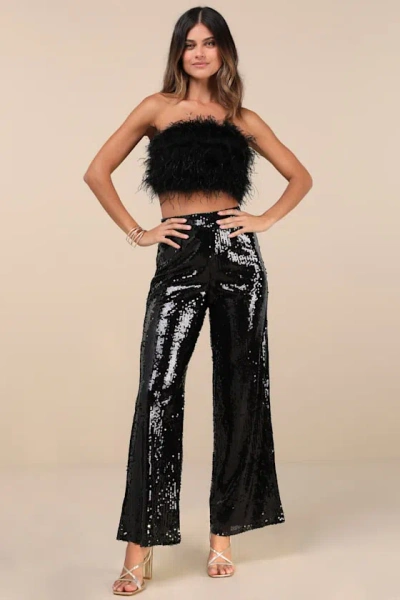 Lulus Celebrity Shine Black Feather Sequin Two-piece Jumpsuit