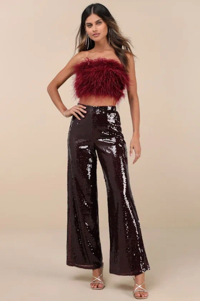 Lulus Celebrity Shine Burgundy Feather Sequin Two-piece Jumpsuit