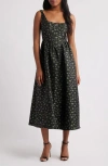 Lulus Celine Floral Corset Cocktail Midi Dress In Black Multi