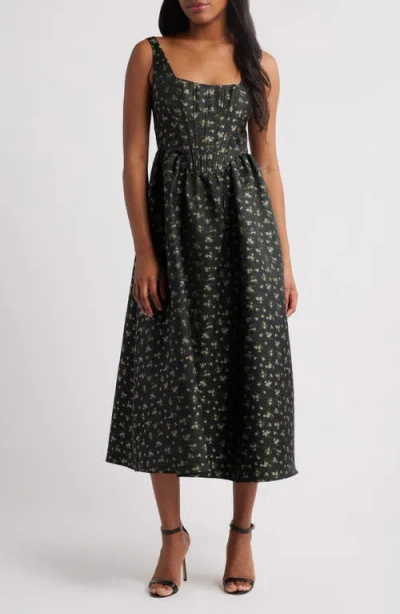 Lulus Celine Floral Corset Cocktail Midi Dress In Black Multi