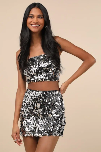 Lulus Celyse Black And Silver Paillette Sequin Two-piece Skort