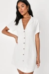 Lulus Central Park Sweetie White Linen Collared Button-up Mini Dress In White