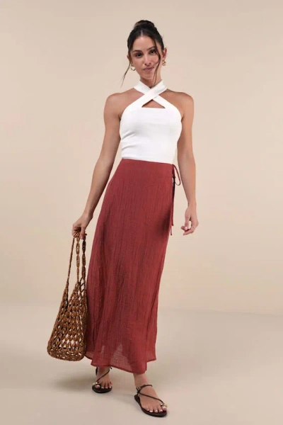Lulus Certain Confidence Rusty Rose Textured Wrap Midi Skirt In Pink