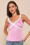 Lulus Certainly A Sweetie Pink Satin Lace Ruffled V-neck Tank Top In Pink