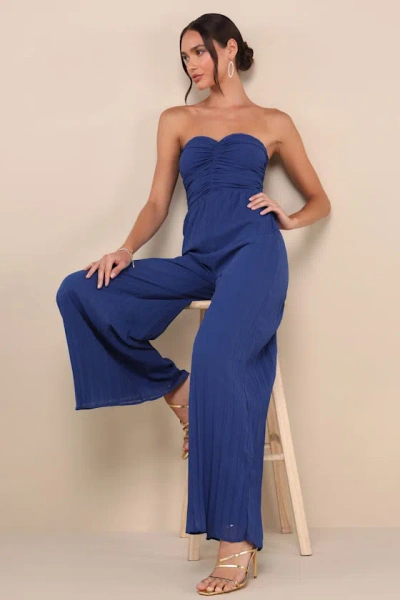 Lulus Certainly Charming Blue Pleated Strapless Wide-leg Jumpsuit