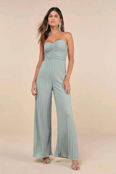 Lulus Certainly Charming Sage Pleated Strapless Wide-leg Jumpsuit In Green
