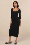 Lulus Certainly Darling Black Ribbed Long Sleeve Midi Dress In Black