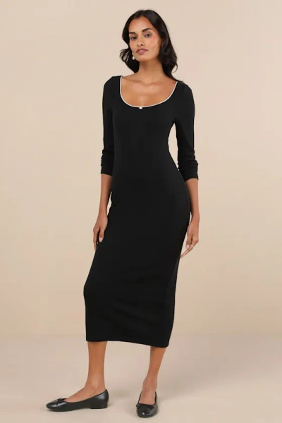 Lulus Certainly Darling Black Ribbed Long Sleeve Midi Dress