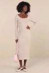 Lulus Certainly Darling Heather Beige Ribbed Long Sleeve Midi Dress In Beige