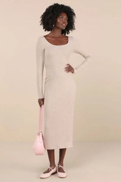 Lulus Certainly Darling Heather Beige Ribbed Long Sleeve Midi Dress