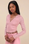 Lulus Certainly Exquisite Mauve Pink Eyelash Lace Long Sleeve Crop Top In Mauve Pink