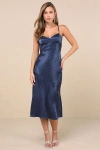 Lulus Certainly Flawless Navy Satin Rhinestone Cowl Back Midi Dress In Navy