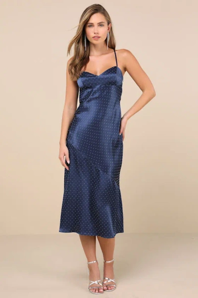 Lulus Certainly Flawless Navy Satin Rhinestone Cowl Back Midi Dress