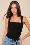 Lulus Certainly Flirty Black Ribbed Ruched Square Neck Tank Top In Black