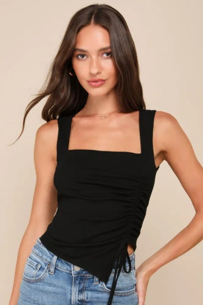 Lulus Certainly Flirty Black Ribbed Ruched Square Neck Tank Top