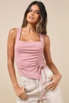 Lulus Certainly Flirty Mauve Pink Ribbed Ruched Square Neck Tank Top In Mauve Pink