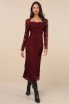 Lulus Certainly Iconic Burgundy Lace Midi Dress And Shrug Set In Burgundy