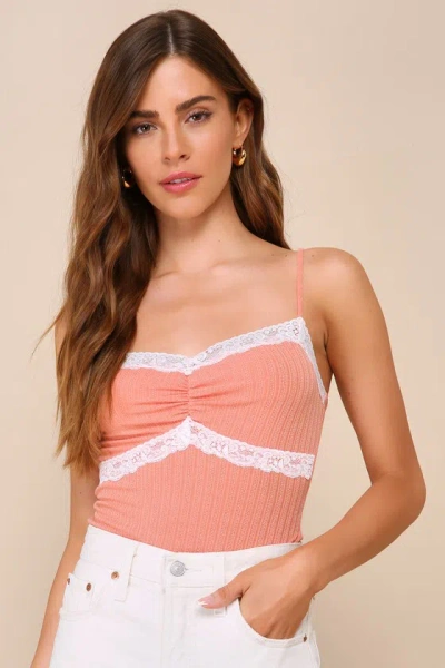 Lulus Certainly Splendid Coral Pink Pointelle Lace Sleeveless Bodysuit