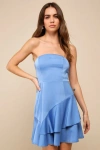 Lulus Certainly The Cutest Blue Satin Tiered Strapless Mini Dress In Blue