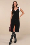 Lulus Certainly The Sweetest Black Corduroy Button-front Midi Dress In Black