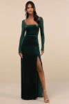 Lulus Certifiably Chic Emerald Velvet Mesh Long Sleeve Maxi Dress In Green