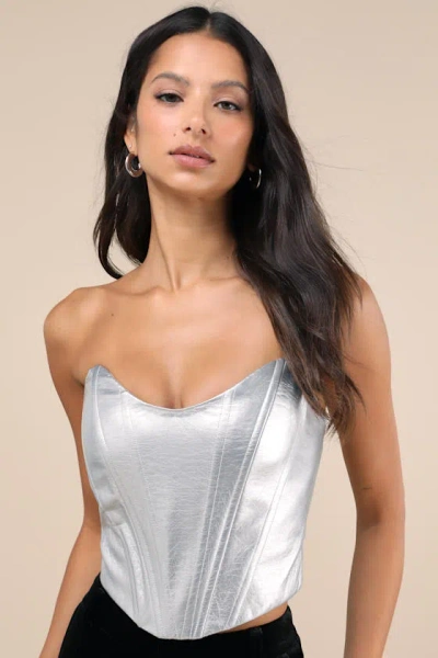Lulus Certified Bombshell Silver Vegan Leather Strapless Bustier Top