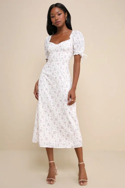 Lulus Certified Charmer Ivory Burnout Floral Puff Sleeve Midi Dress