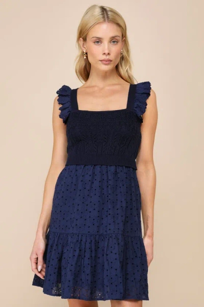 Lulus Charismatic Babe Navy Blue Eyelet Knit Top Mini Dress