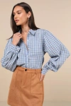 Lulus Charismatic Effect Blue Plaid Long Sleeve Button-up Top In Blue