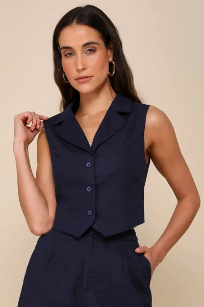 Lulus Charismatic Entrance Navy Blue Linen Collared Vest Top