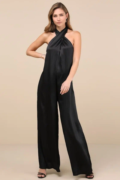 Lulus Charismatic Muse Black Satin Wide-leg Halter Jumpsuit