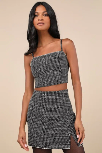 Lulus Charismatically Cute Black Tweed Rhinestone Sleeveless Crop Top