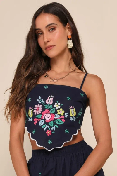 Lulus Charmed Aesthetic Navy Blue Linen Embroidered Handkerchief Top