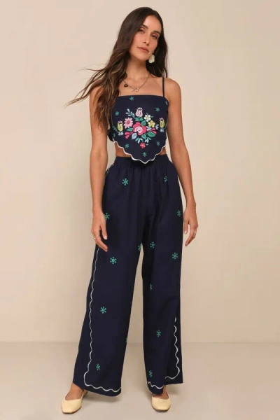Lulus Charmed Aesthetic Navy Blue Linen Embroidered High-rise Pants