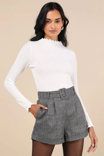 Lulus Charmed Vibes Ivory Ribbed Lettuce Edge Long Sleeve Top