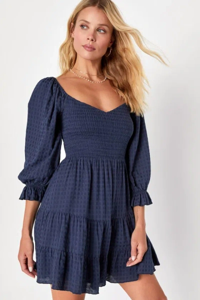 Lulus Charming Afternoon Navy Blue Gingham Balloon Sleeve Mini Dress