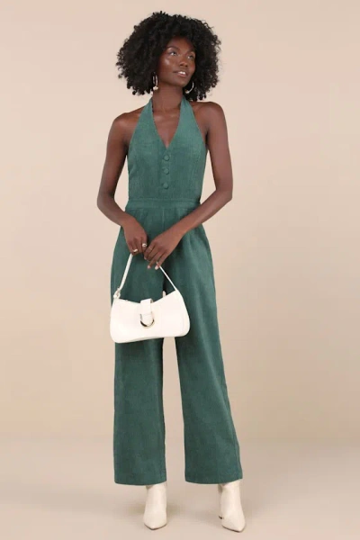 Lulus Charming Agenda Dark Green Corduroy Halter Jumpsuit