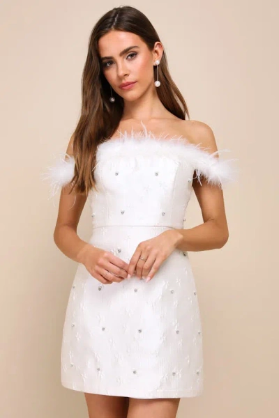Lulus Charming Always Ivory Floral Jacquard Feather Mini Dress