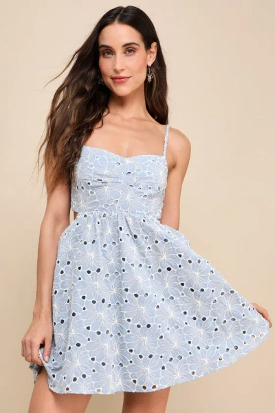 Lulus Charming Babe Blue Embroidered Floral Tie-back Mini Dress