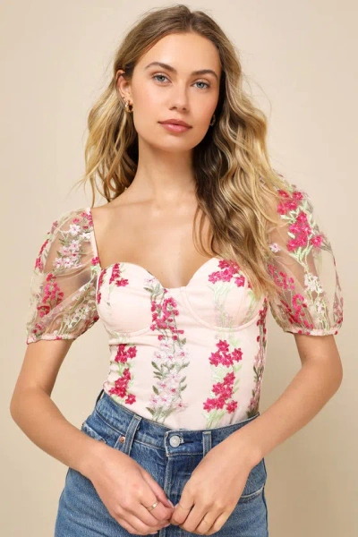 Lulus Charming Blessing Light Pink Embroidered Floral Bustier Bodysuit