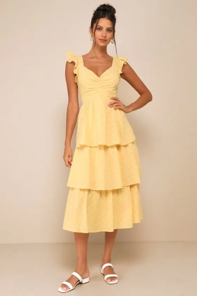 Lulus Charming Decision Yellow Swiss Dot Ruched Tiered Midi Dress