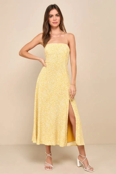 Lulus Charming Dedication Yellow Floral Sleeveless Lace-up Midi Dress