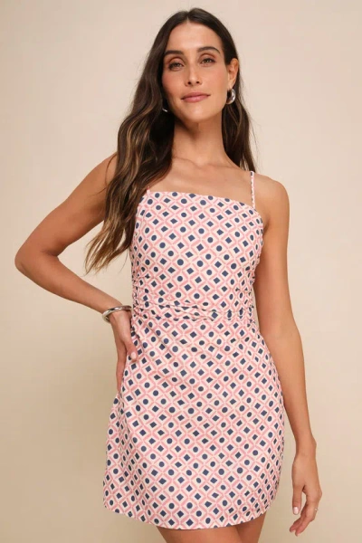 Lulus Charming Desire Pink Geo Print Ruched Sleeveless Mini Dress
