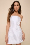 Lulus Charming Destiny White 3d Floral Applique Strapless Mini Dress In White